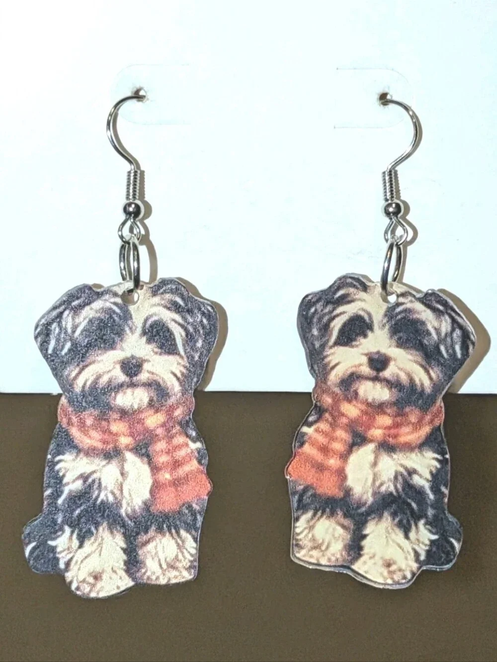 Hand Crafted Black, Cream and Orange Dog Scarf Drop Earrings